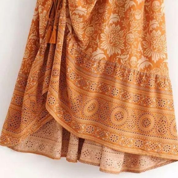 Bohemian Gypsy Print Ruffle Floral Dress Orange - Picture 8 of 13